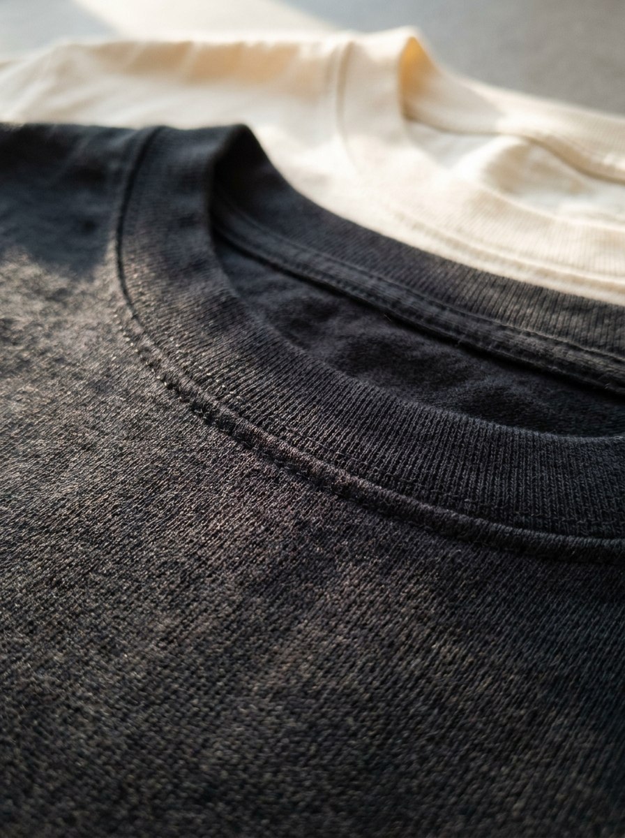 Close-up of a ribbed collar and heavyweight cotton weave