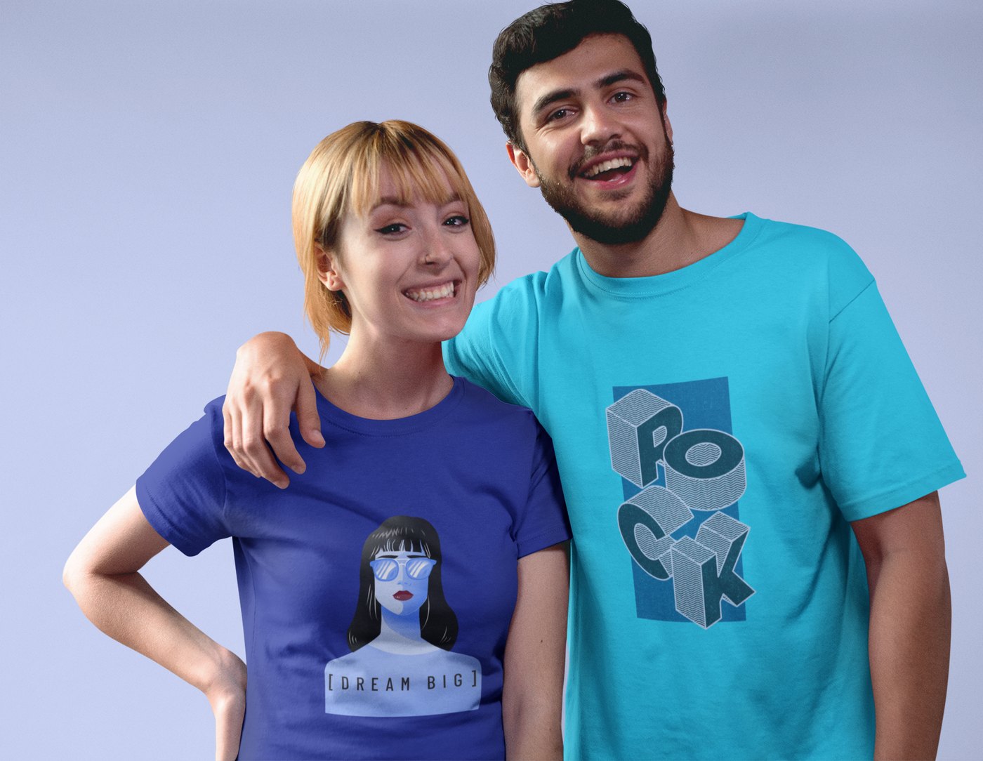 Two people wearing Layavo printed t-shirts