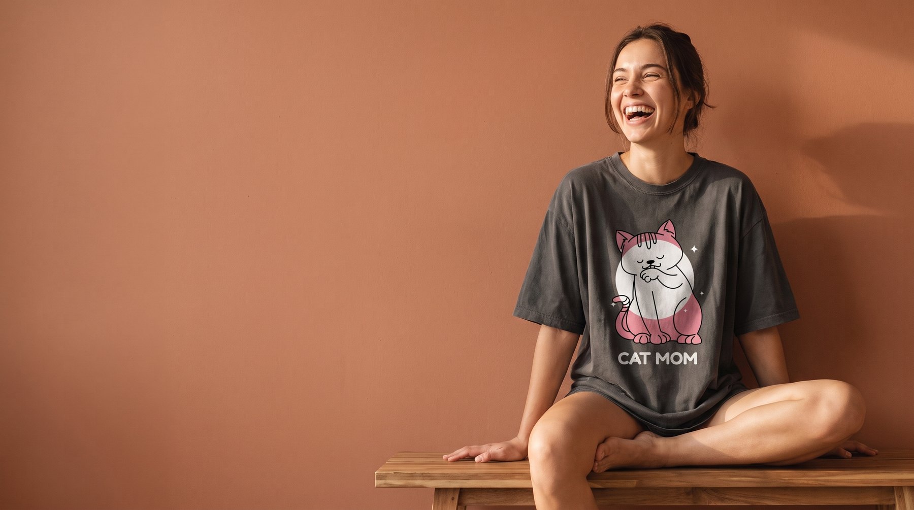 Woman wearing the Layavo Cat Mom design t-shirt